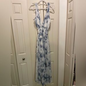 Blue and white tie dye dress, waist tie